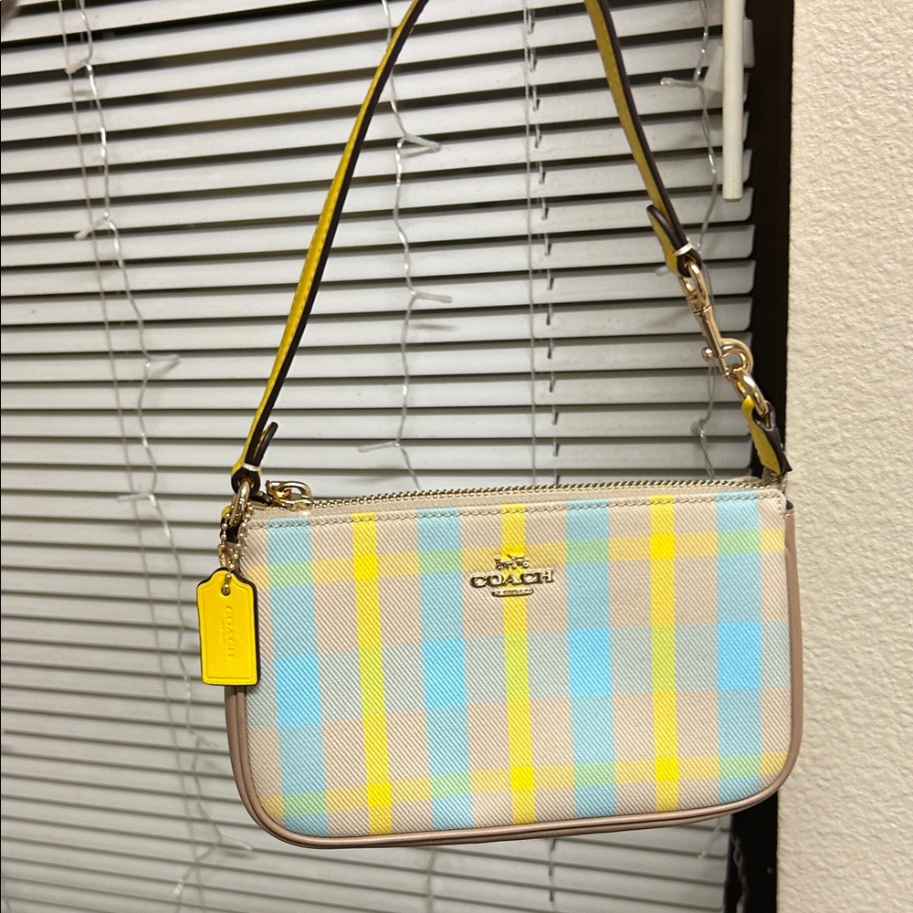 Coach Nolita Plaid Canvas Wristlet - Blue, Yellow, and Cream